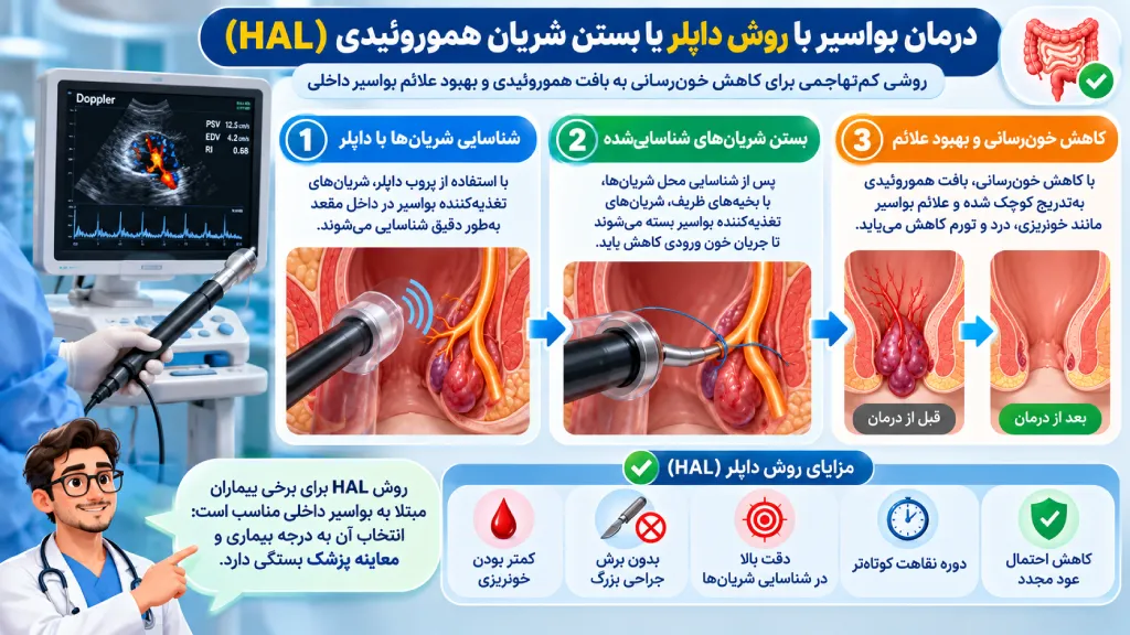 درمان بواسیر با روش داپلر یا بستن شریان هموروئیدی (HAL)
