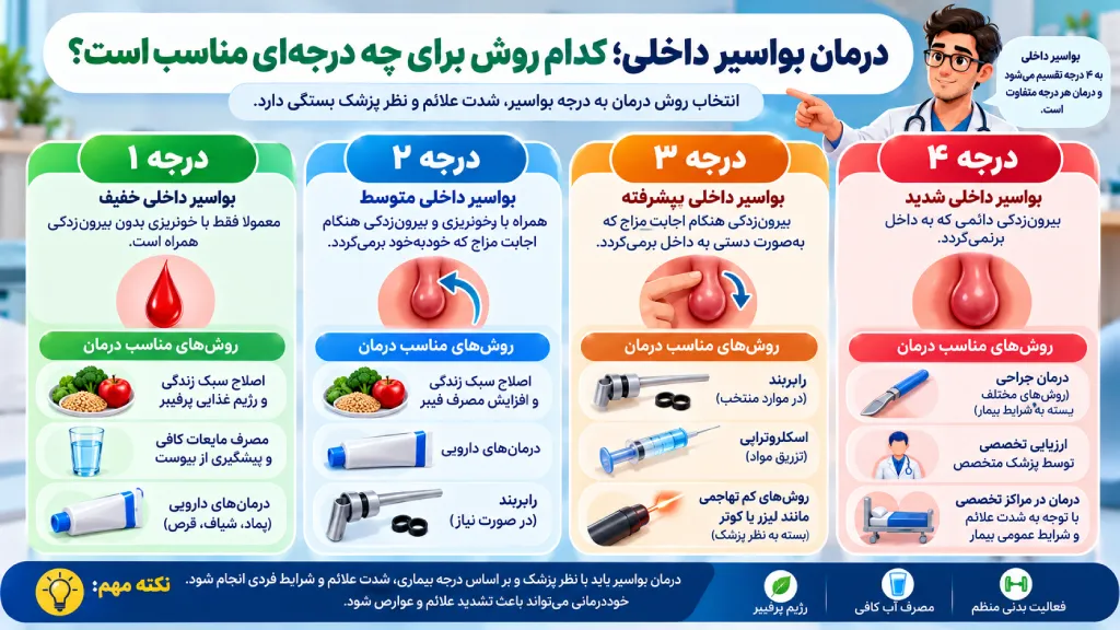 درمان بواسیر داخلی؛ کدام روش برای چه درجه‌ای مناسب است؟
